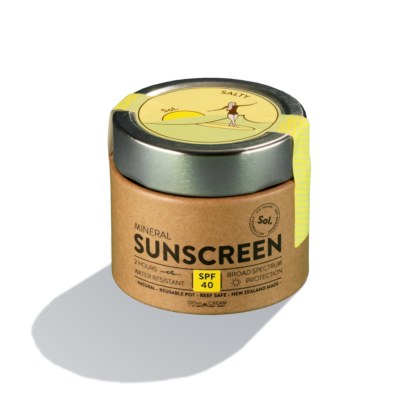 SPF 40 Natural mineral sustainable sunscreen, in plastic free packaging with 2 hours water resistant. New Zealand made. ethically sourced Salty sol