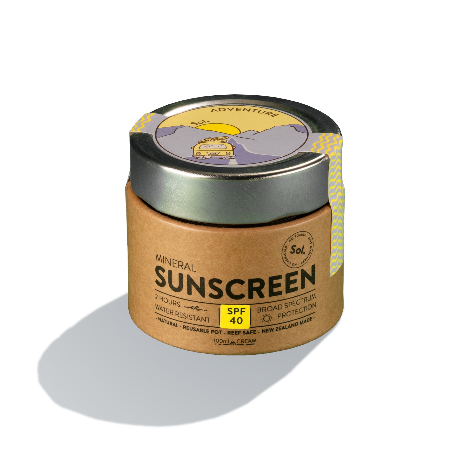 New Zealand made natural mineral sustainable sunscreen. ethically sourced adventure sol 
