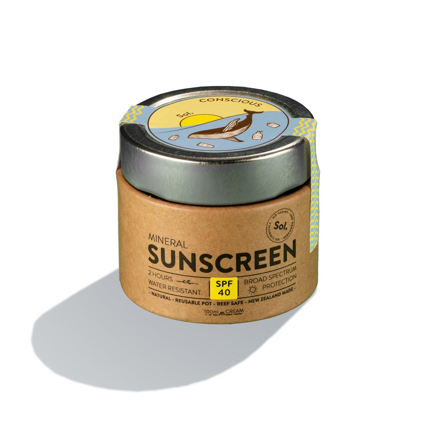 SPF 40 Natural mineral sustainable sunscreen, in plastic free packaging with 2 hours water resistant. New Zealand made. ethically sourced conscious sol